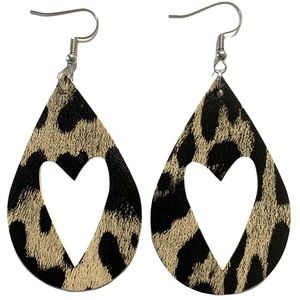 Faux Leather Teardrop Earrings Animal Print Heart Cut Out🖤NEW